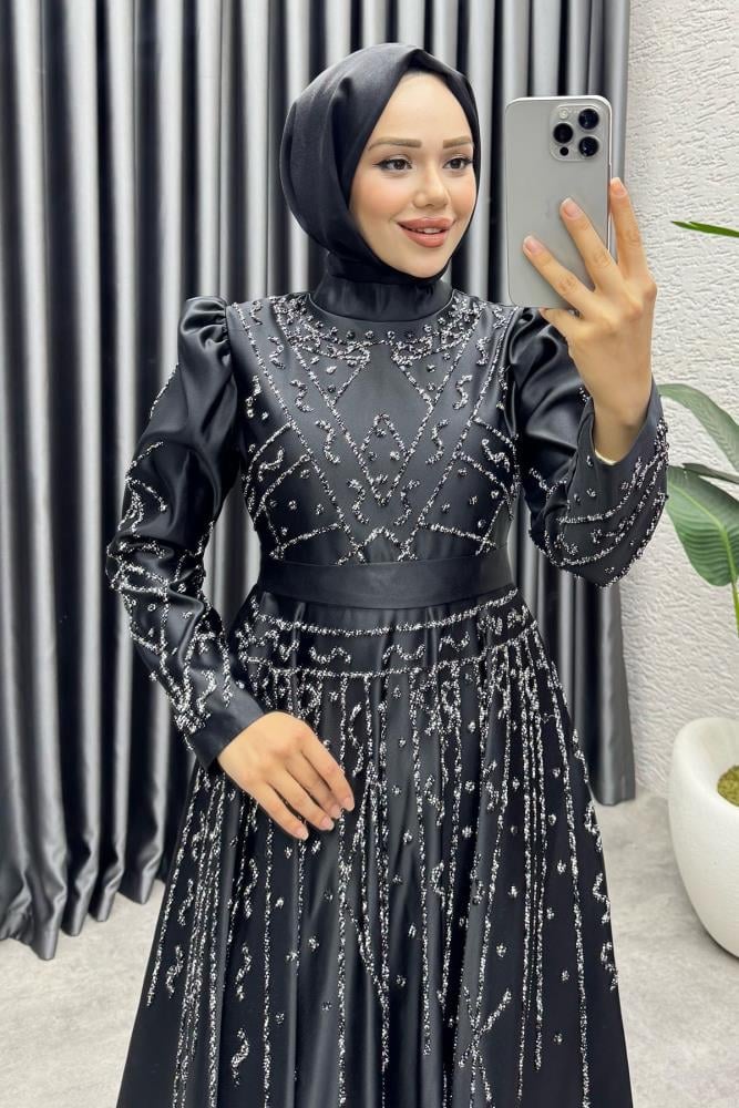 Elsa Taş Detaylı Saten Abiye 6635 Siyah
