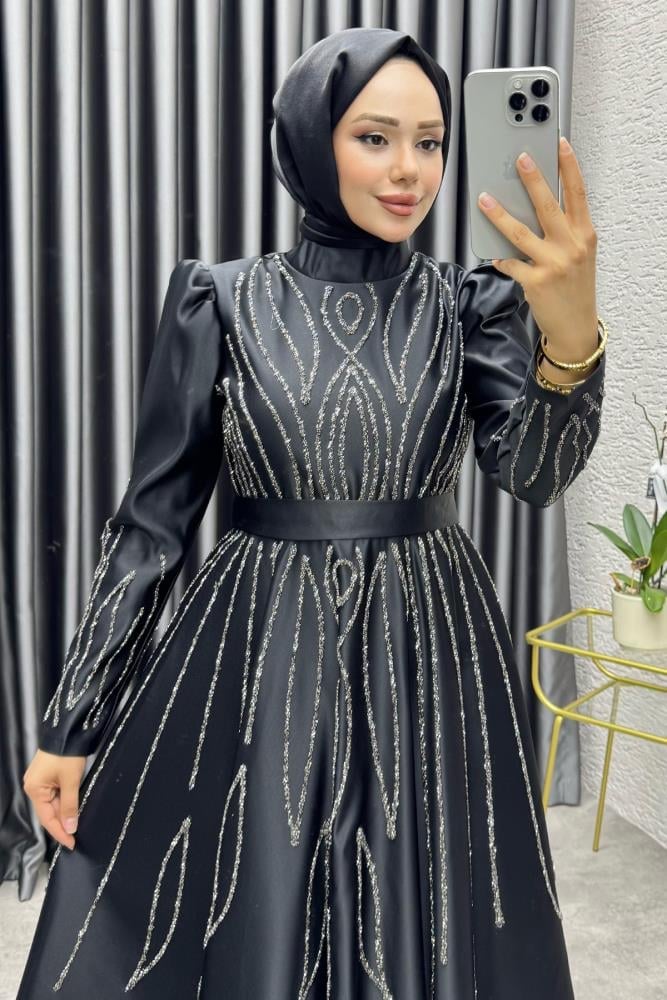 Gökçe Taş İşlemeli Abiye 6636 Siyah