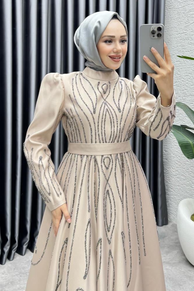 Gökçe Taş İşlemeli Abiye 6636 Vizon