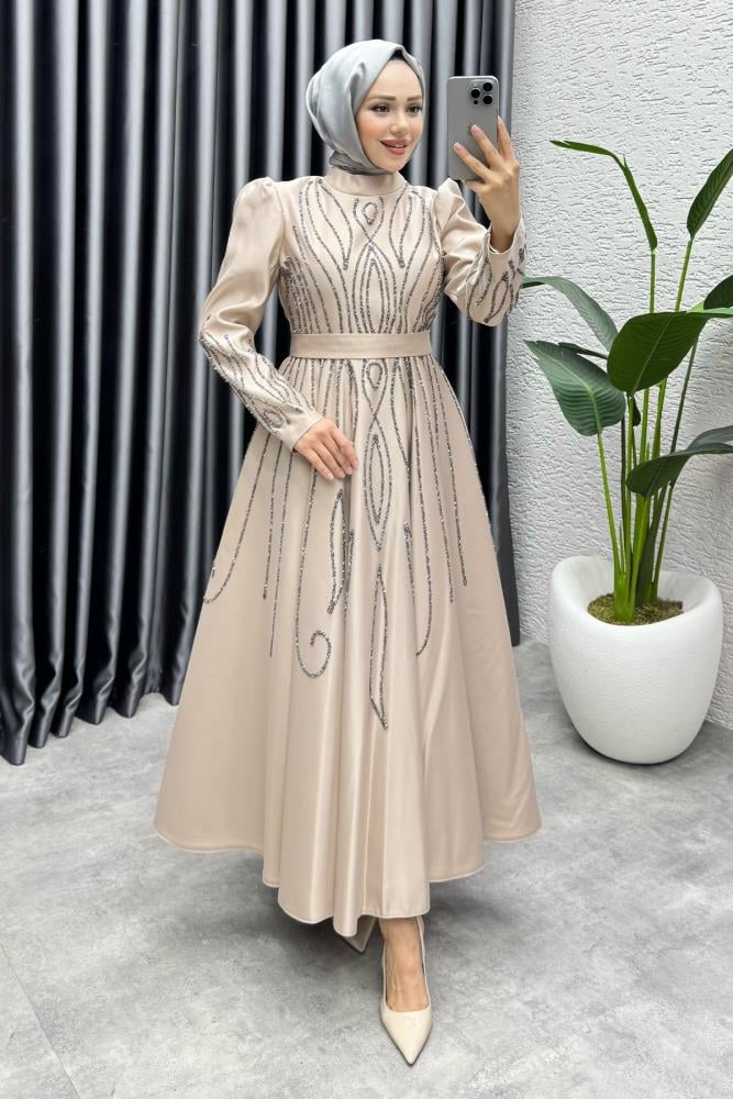 Gökçe Taş İşlemeli Abiye 6636 Vizon