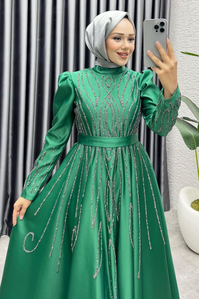 Gökçe Taş İşlemeli Abiye 6636 Zümrüt