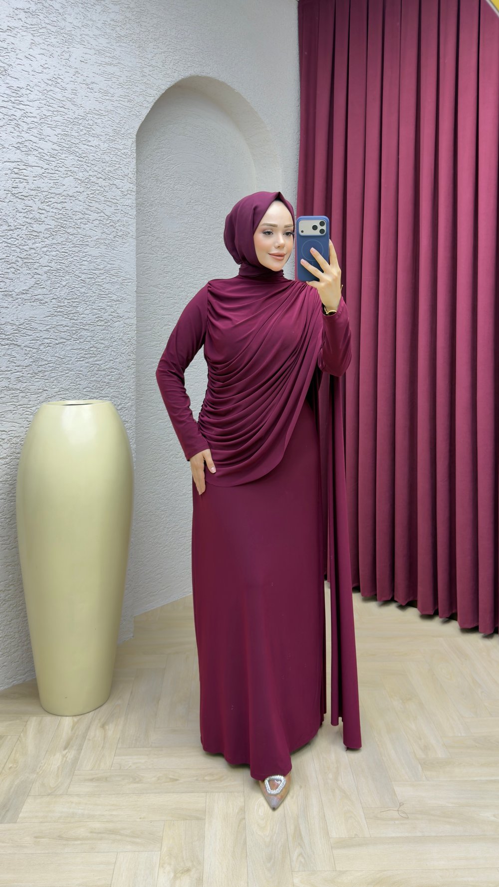 Hale Drape Detaylı Elbise 6447 Mürdüm