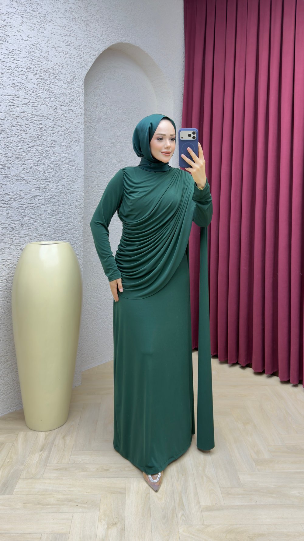Hale Drape Detaylı Elbise 6447 Zümrüt