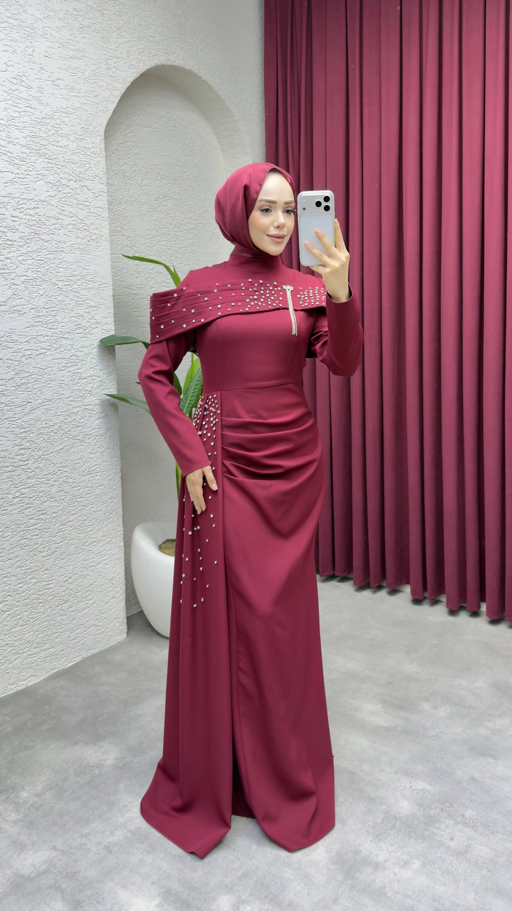 Hürrem Degaje Detay Abiye 8090 Bordo