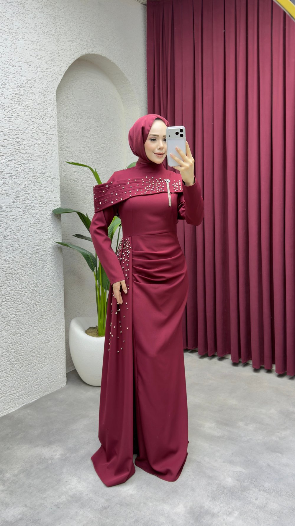 Hürrem Degaje Detay Abiye 8090 Bordo