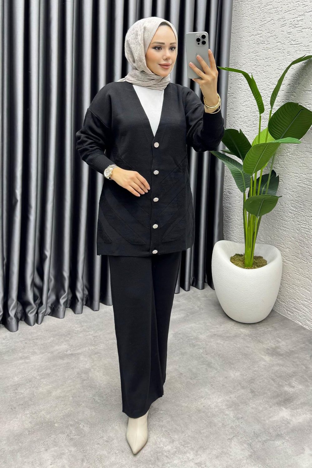 İdil Düğme Detaylı Triko Takım 1314 Siyah