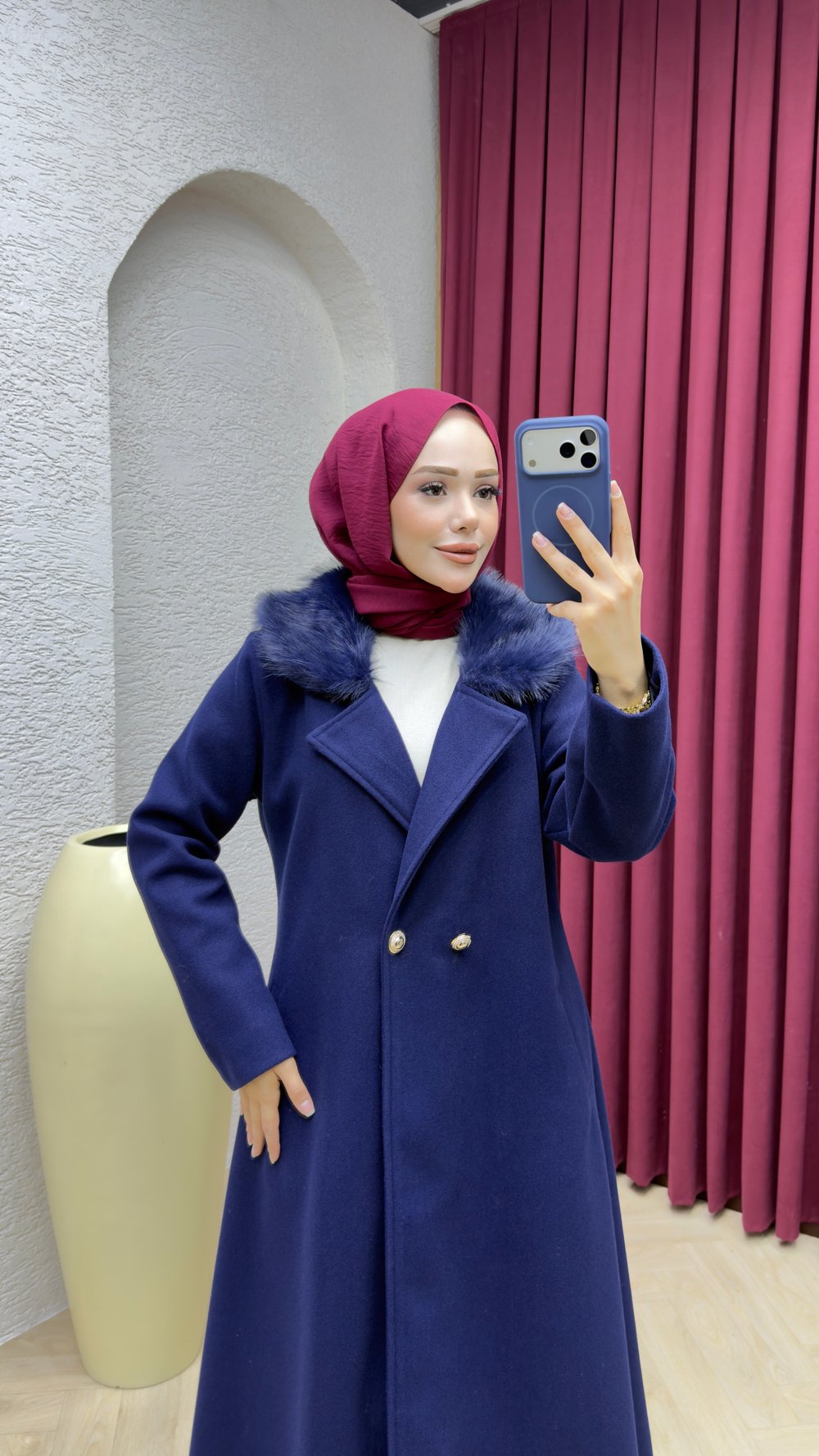 Kruvaze Yaka Kürklü İthal Kaşe Kaban 1010 Lacivert