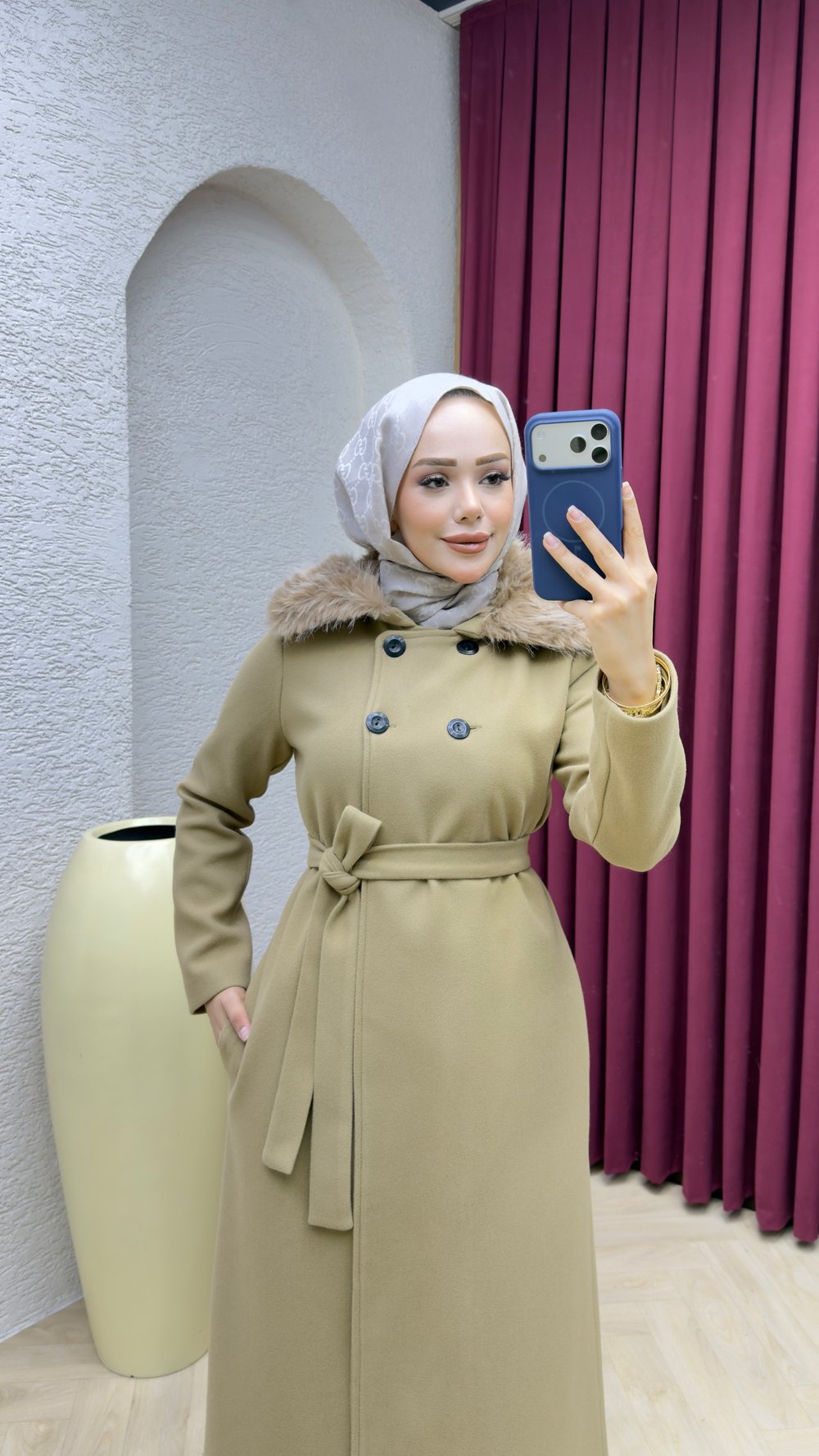 Kürk Yaka Kaşe Kaban 1009 Latte