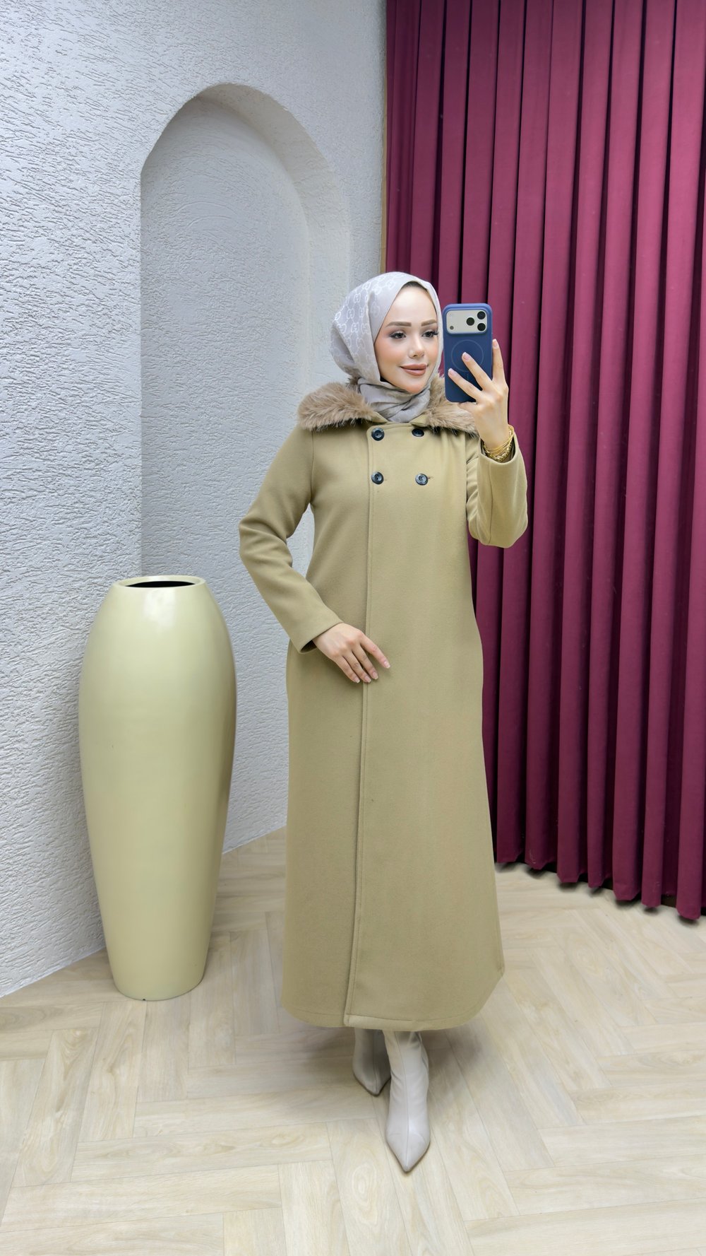 Kürk Yaka Kaşe Kaban 1009 Latte