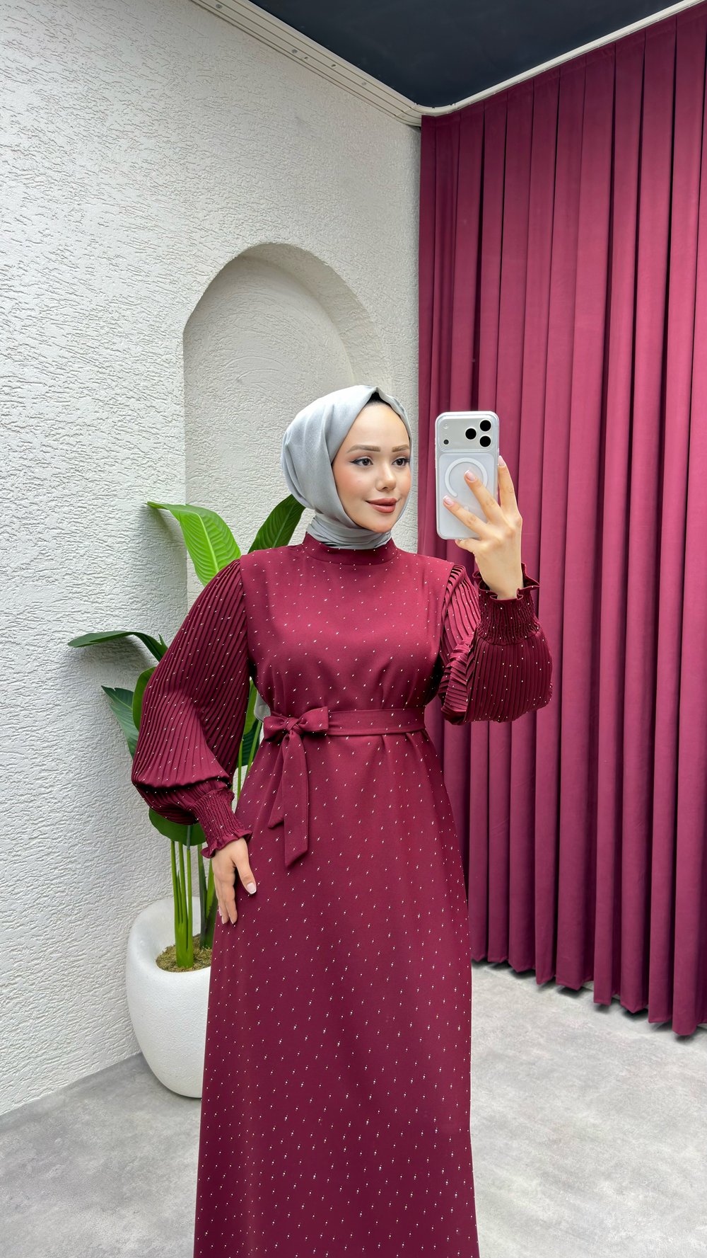 Nida Serpme Taş Detaylı Krep Elbise 6063 Bordo