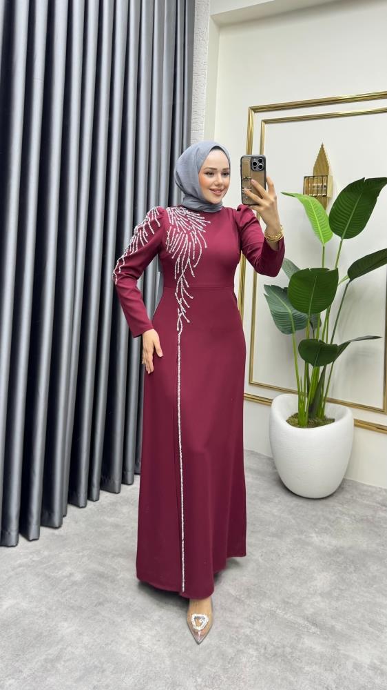 Omuzu Taşlı Krep Abiye 8001 Bordo