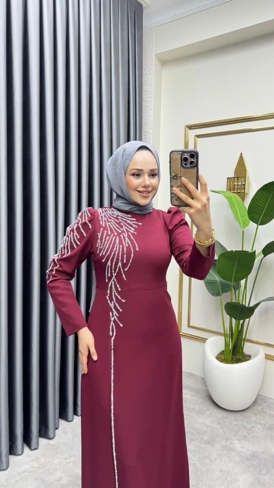Omuzu Taşlı Krep Abiye 8001 Bordo