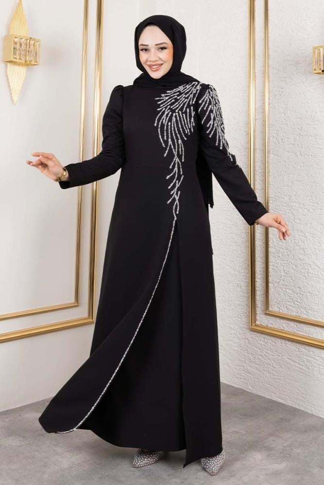 Omuzu Taşlı Krep Abiye 8001 Siyah