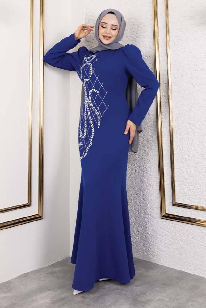 Önden Taş İşlemeli Krep Elbise 8019 Saks