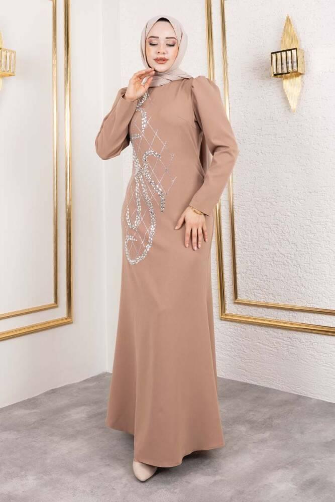 Önden Taş İşlemeli Krep Elbise 8019 Vizon