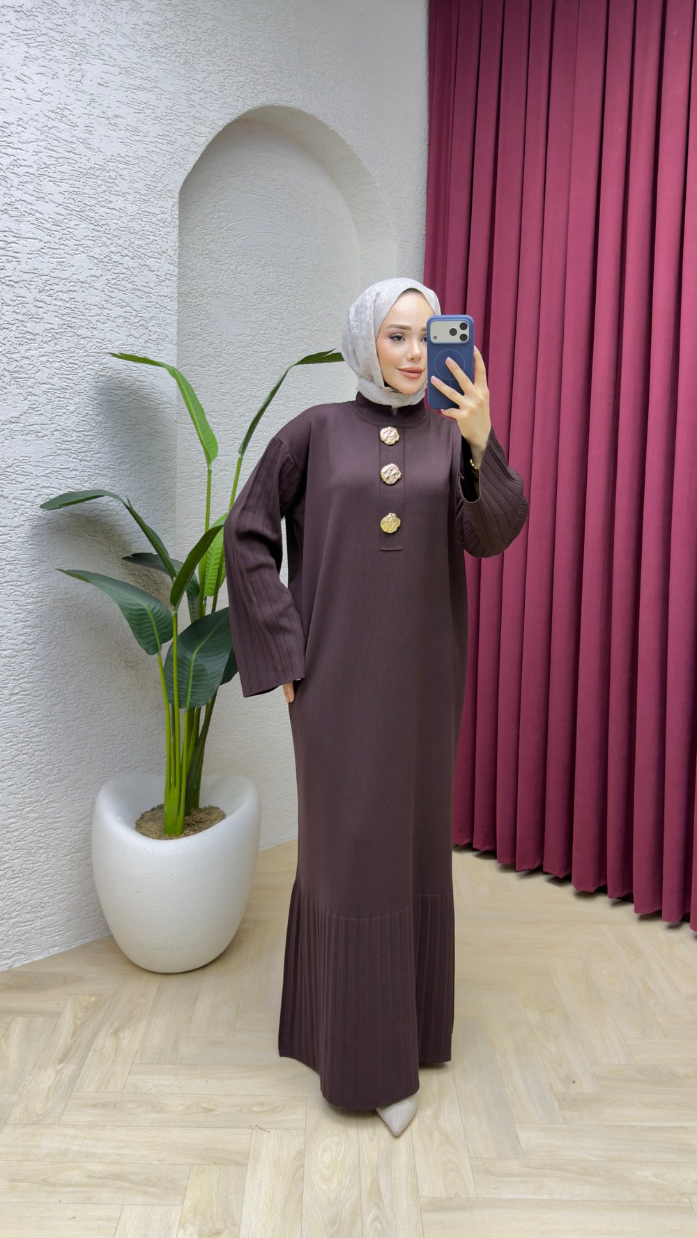 Pera Broş Düğmeli Merserize Elbise 7023 Kahve