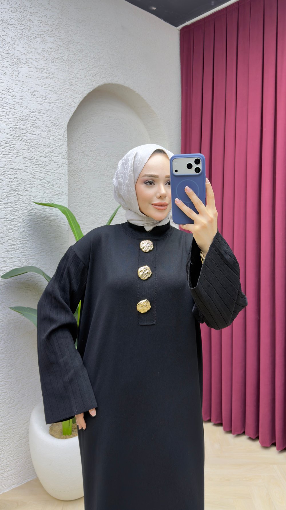 Pera Broş Düğmeli Merserize Elbise 7023 Siyah