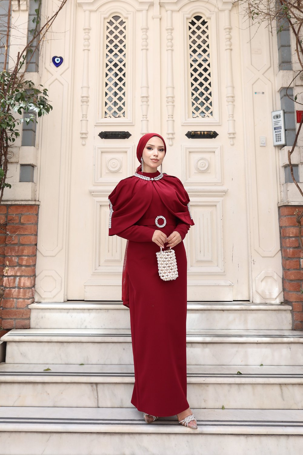 Sare Seyyar Pelerinli Elbise 8042 Bordo