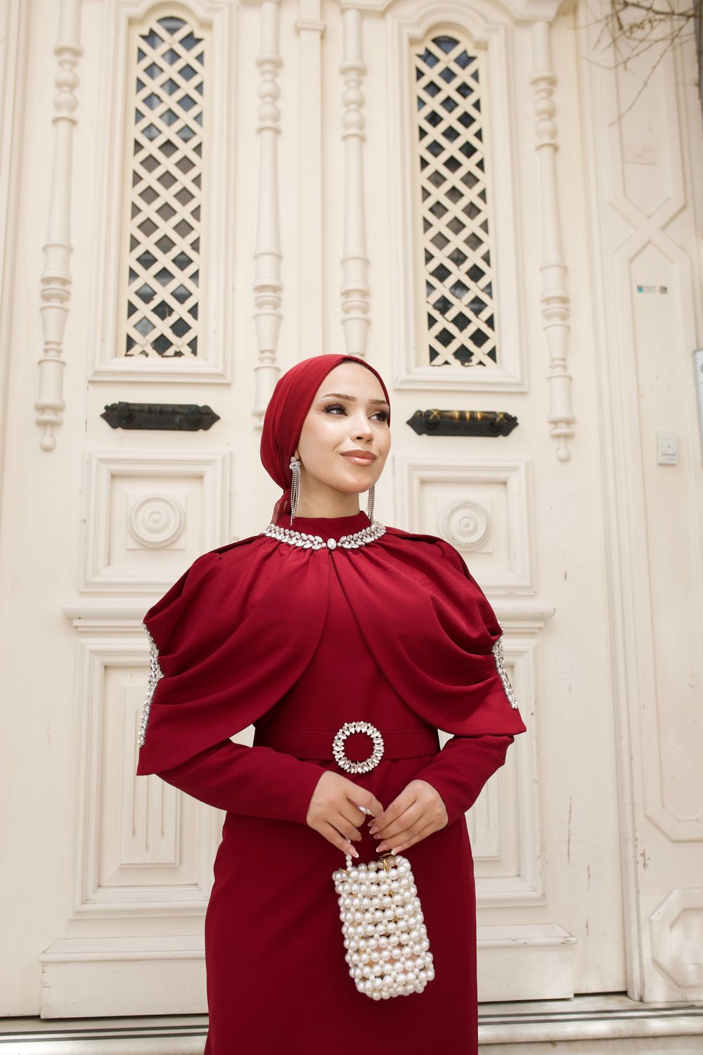Sare Seyyar Pelerinli Elbise 8042 Bordo