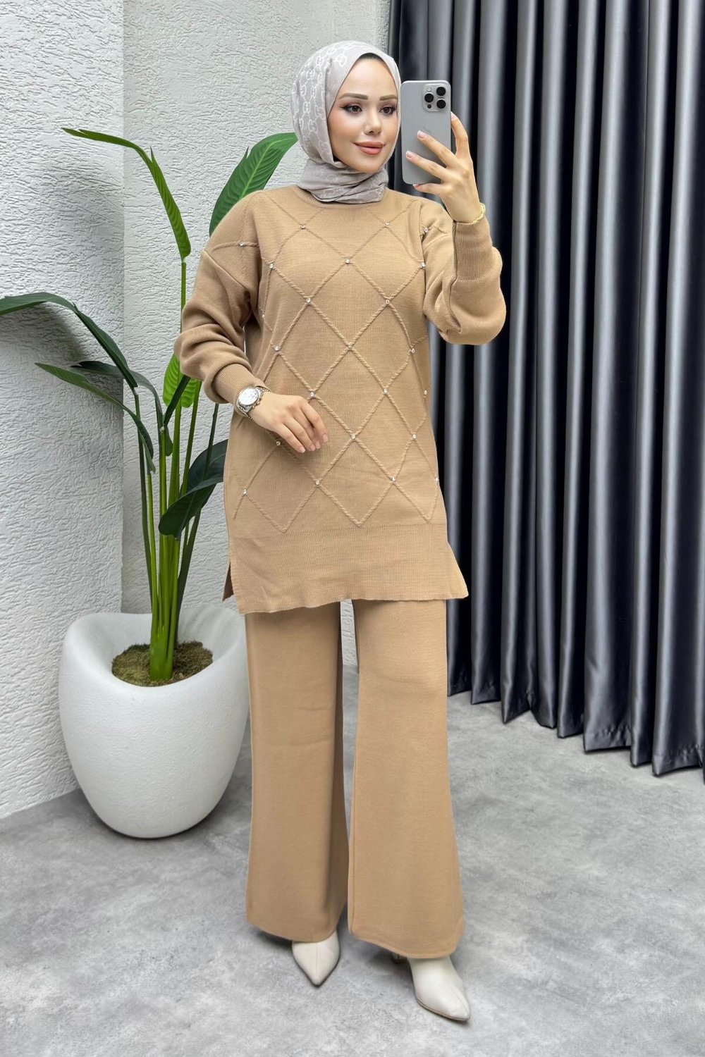 Serpme Taşlı Triko Takım 1209 Latte