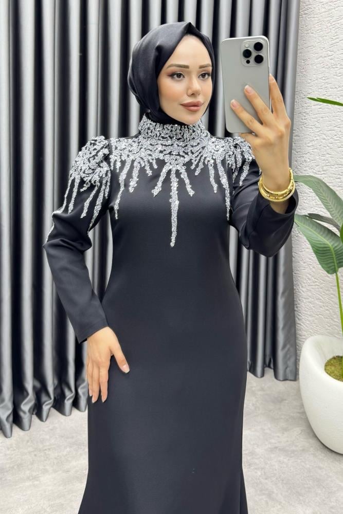 Sofia Pul Detaylı Abiye Elbise 6652 Siyah