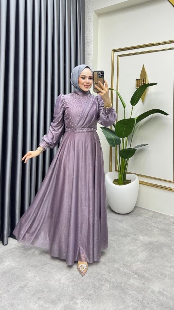 Taş İşlemeli Simli Abiye 6638 Pudra