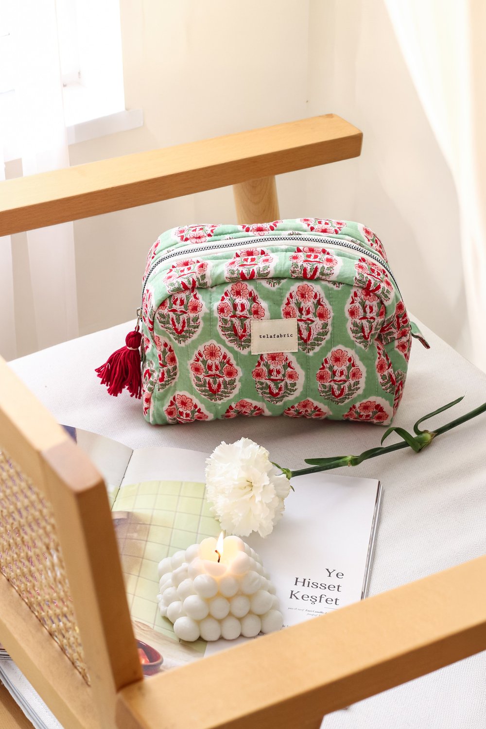 HİNT KUMAŞI MAKYAJ ÇANTASI & CLUTCH  *Pastel yeşil & Bordo*