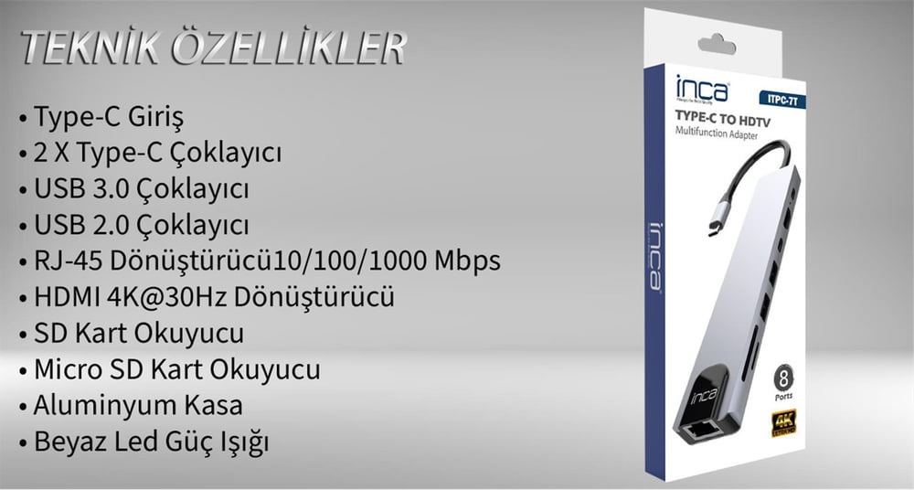 Inca ITPC-7T Type-C Giriş 2XType-C Çoklayıcı RJ-45 HDMI 4K@30 USB 3.0 Çoklayıcı Micro SD Kart