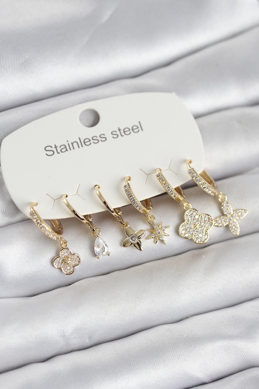 316L Çelik Gold Renk 6'lı Set Yonca Model Kadın Küpe