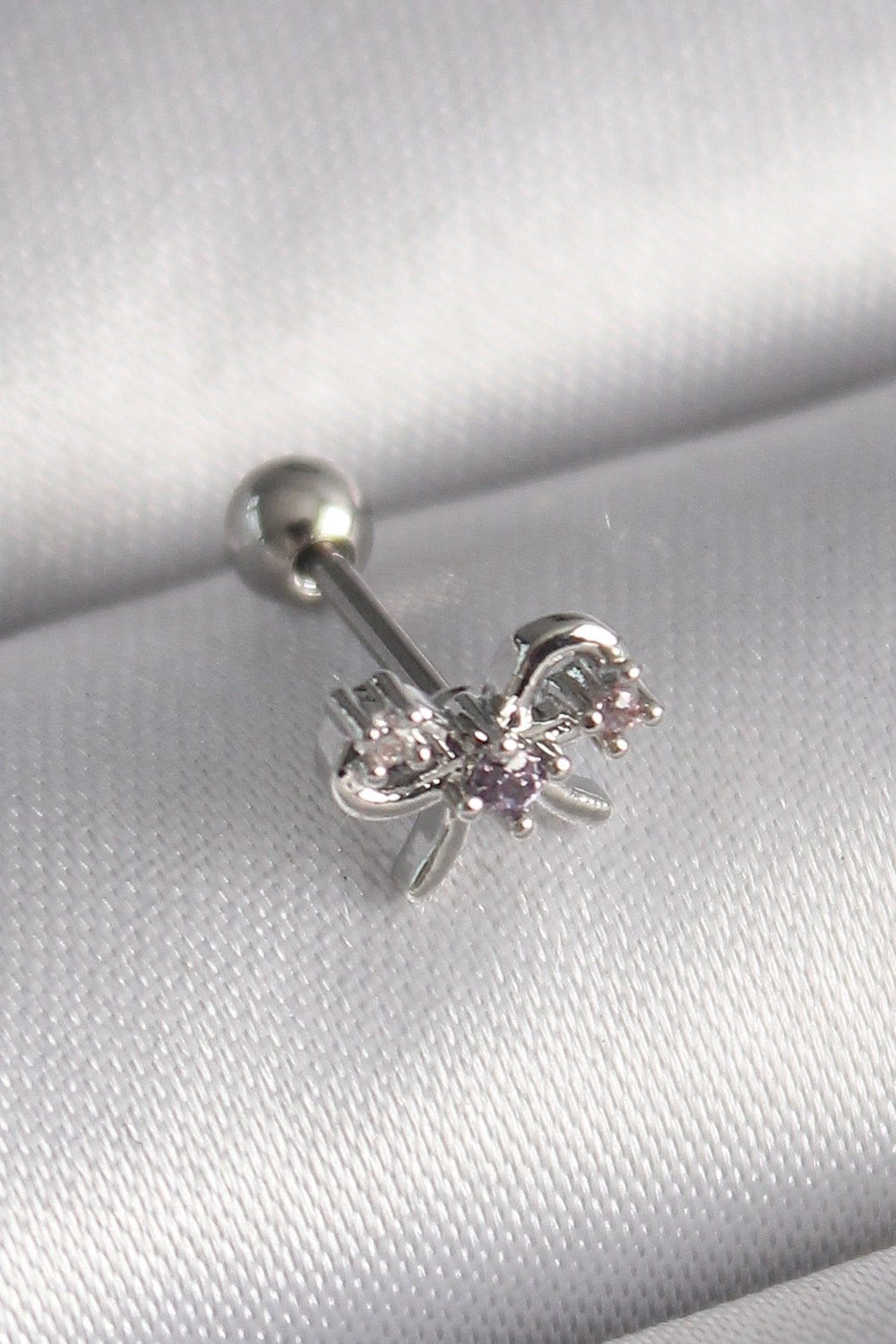 316L Çelik Gümüş Renk Zirkon Taşlı Kurdele Tragus Piercing