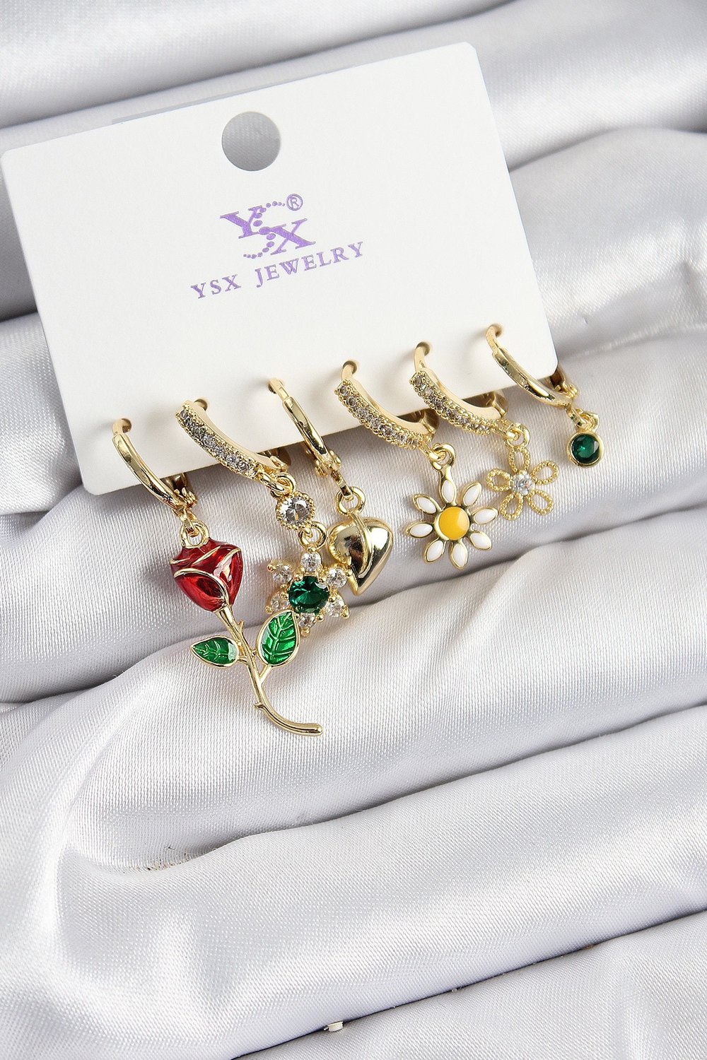 Pirinç Zİrkon Taşlı Gül Ve Papatya Model Gold Renk 3'lü Çift Kadın Küpe