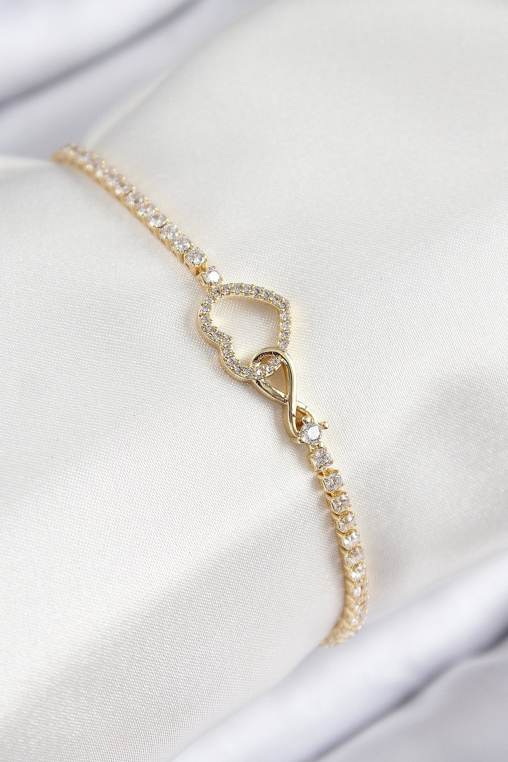 Pirinç Zirkon Taşlı Sonsuzluk Kalp Model Gold Renk Kadın Bileklik