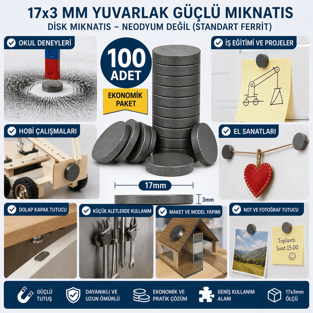 100 Adet Mıknatıs 17x3 mm Yuvarlak Güçlü Mıknatıs Disk Mıknatıs