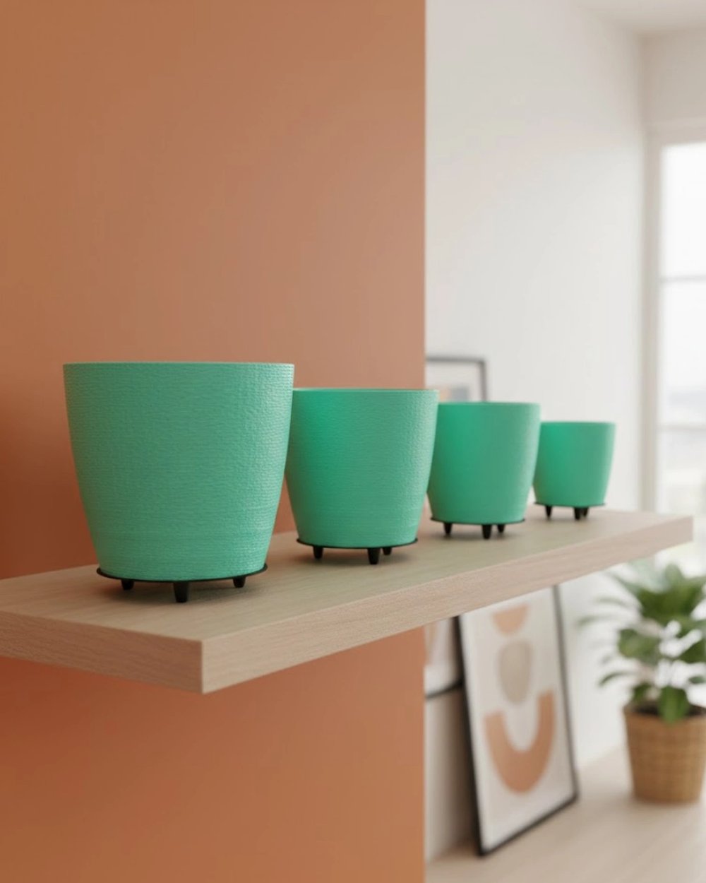 4’lü 3D Modern Yeşil Vazo Seti Dekoratif Ayaklı Saksı Takımı