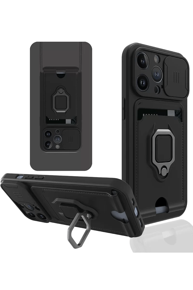 Apple iPhone 13 Pro Kılıf Zuma Kartvizitli Yüzüklü Silikon - Siyah