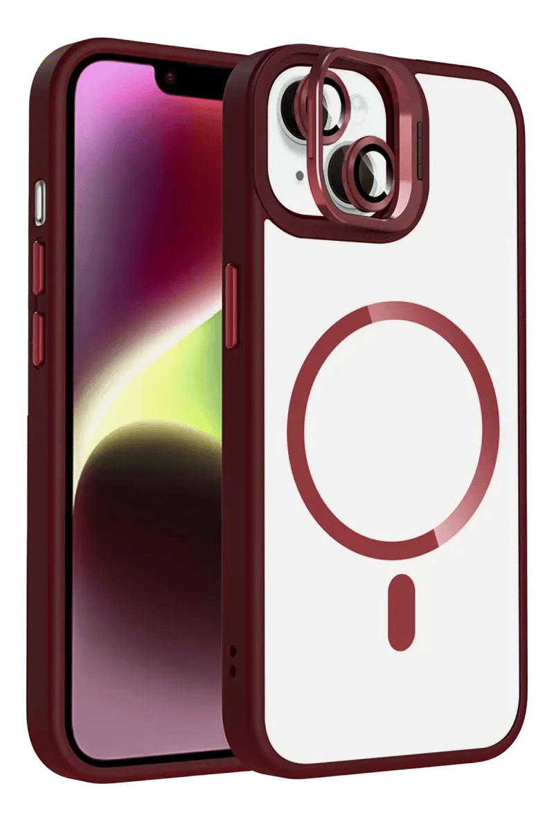Apple iPhone 13 Remim Lensli Magsafe Standlı Kapak - Bordo