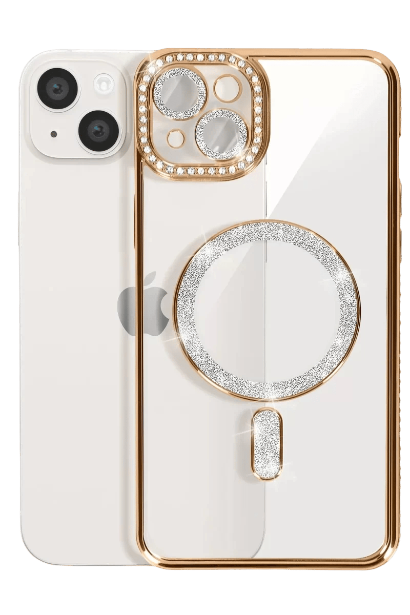 Apple iPhone 14 Kılıf Joke Simli Magneticsafe Kılıf - Gold