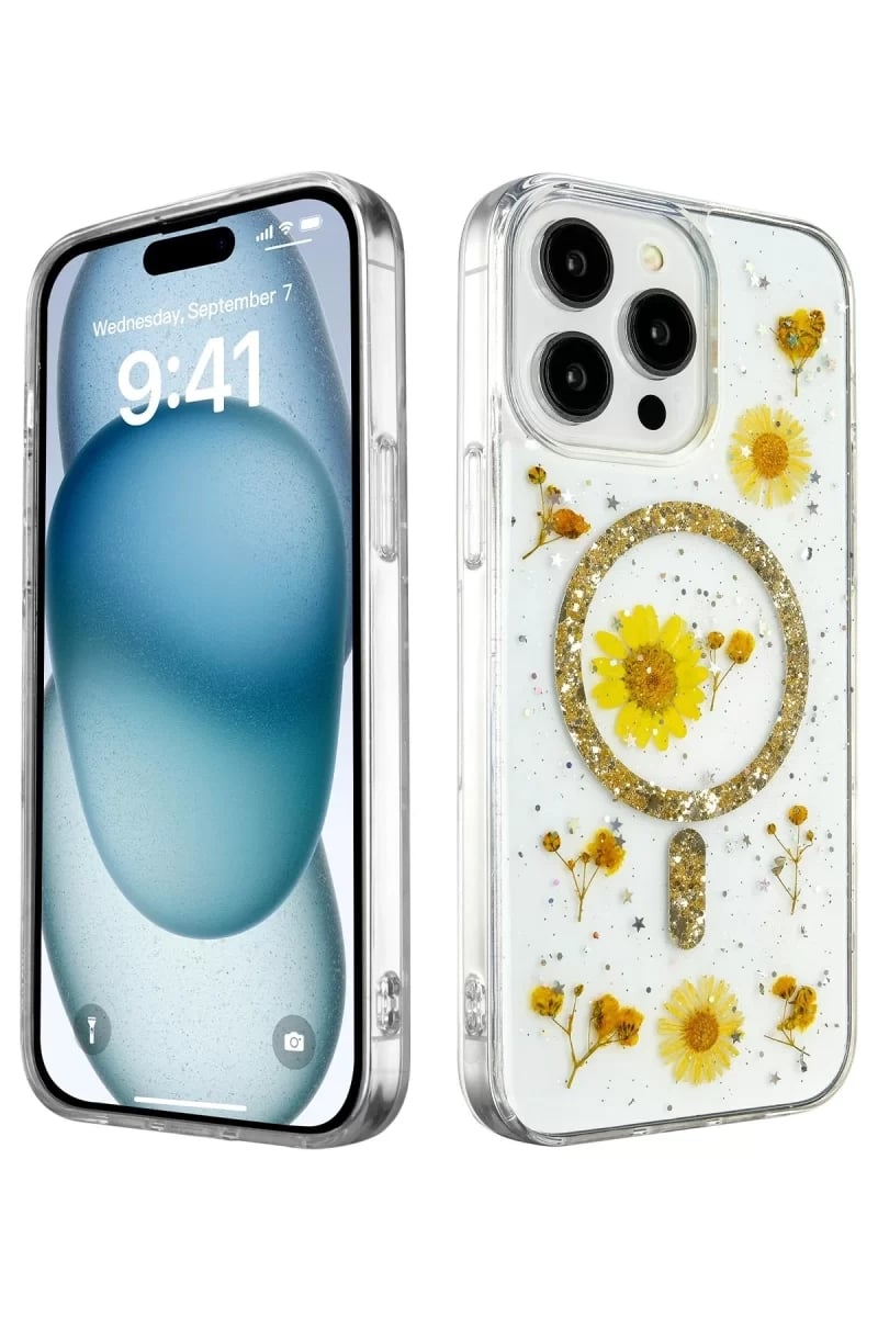 Apple iPhone 14 Pro Max Kılıf Daisy Simli Magsafe Kapak - Gold