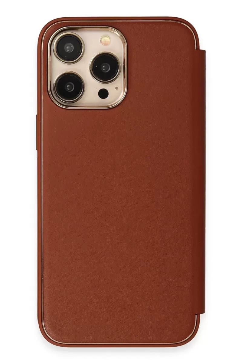 Apple iPhone 14 Pro Max Kılıf Dolpin Kapaklı - Kahverengi