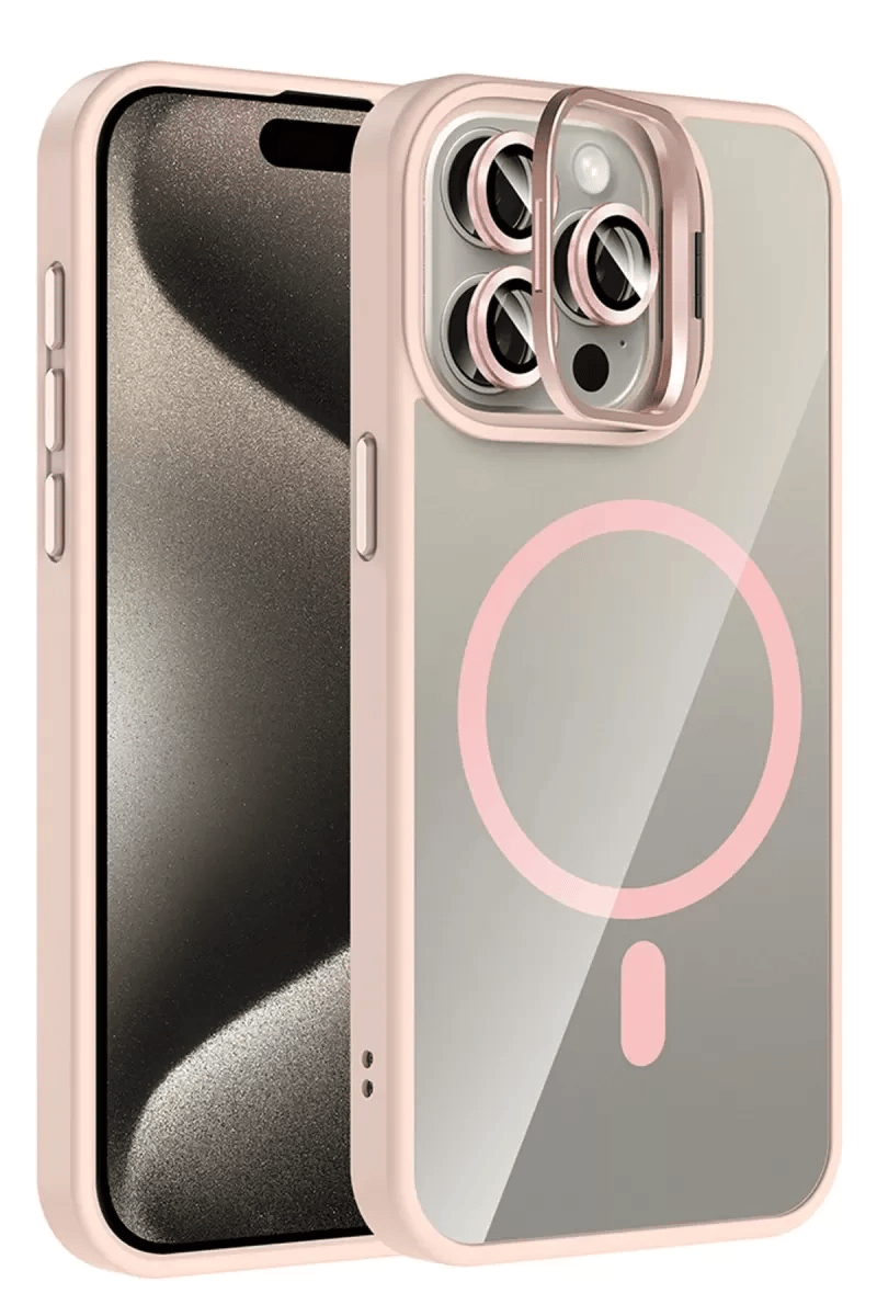 Apple iPhone 14 Pro Max Remim Lensli Magsafe Standlı Kapak - Pembe
