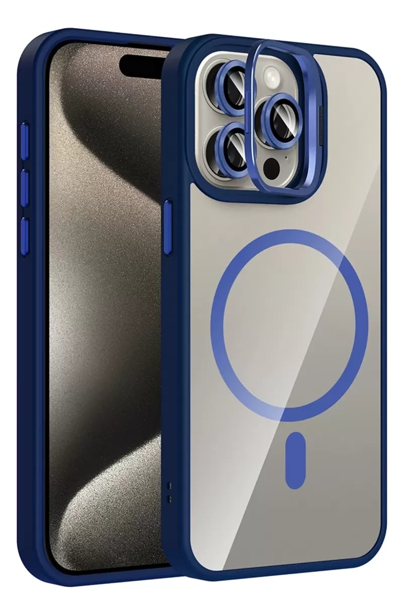Apple iPhone 15 Pro Max Remim Lensli Magsafe Standlı Kapak - Lacivert