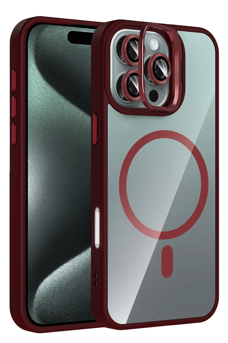 Apple iPhone 16 Pro Max Remim Lensli Magsafe Standlı Kapak - Bordo