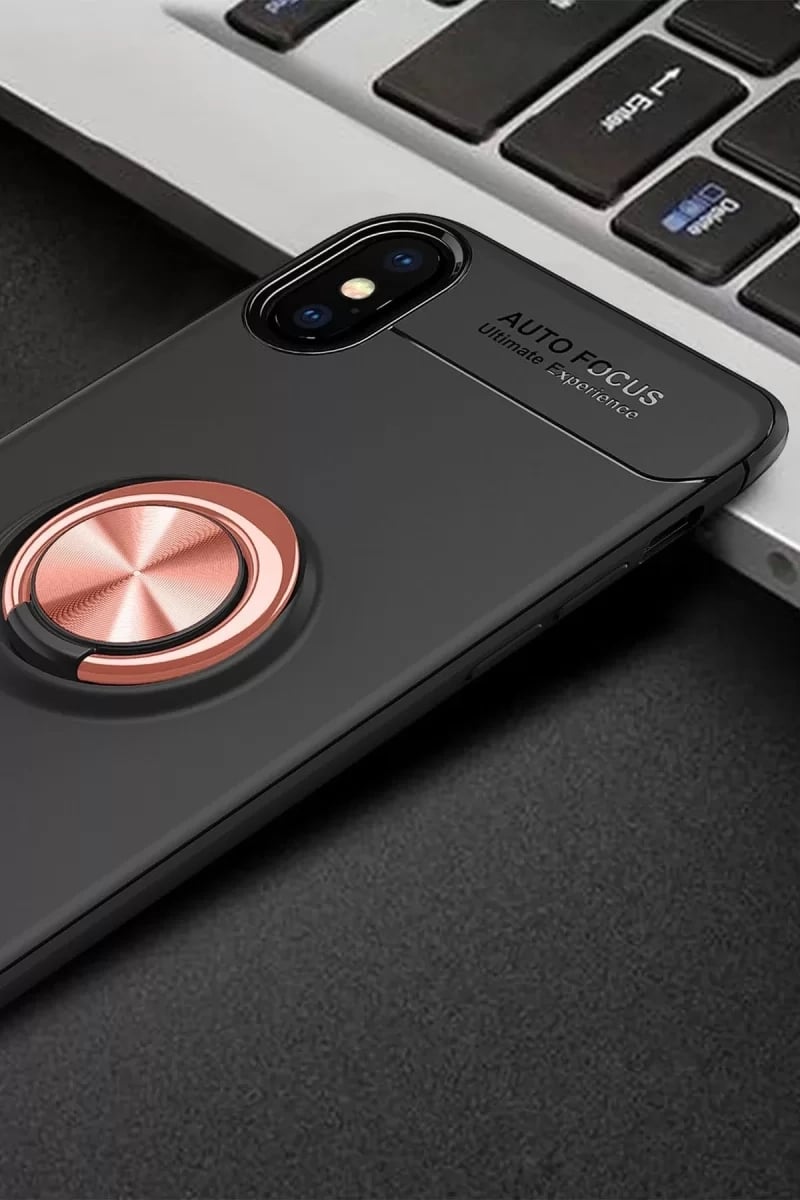 Apple iPhone XS Max Kılıf Range Yüzüklü Silikon - Siyah-Gold