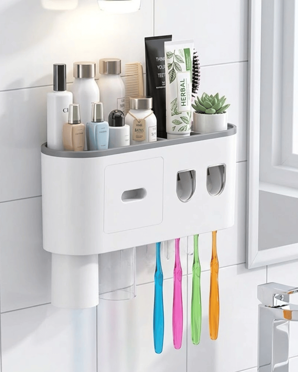Banyo Organizer Diş Fırçası Tutucu Çift Dispenserli Raflı Çekmeceli