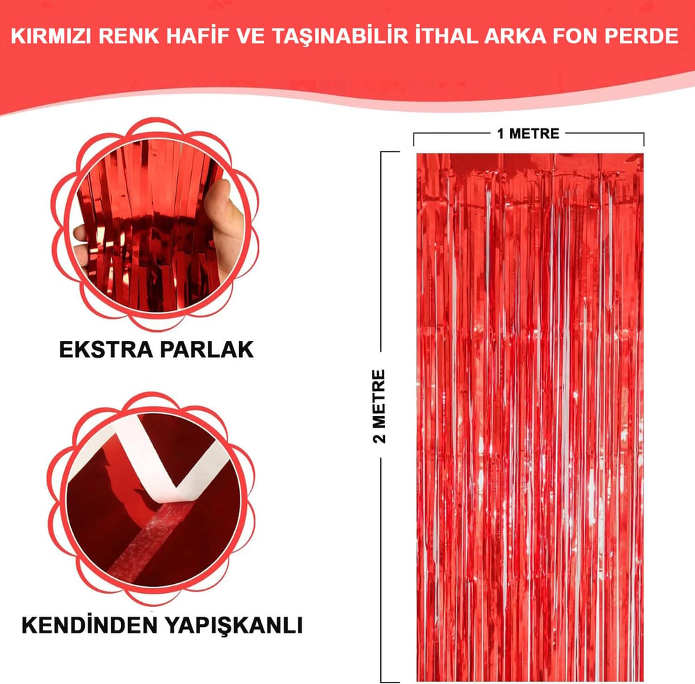 Ekstra Metalize Parlak Saçaklı Arka Fon Perde Kırmızı