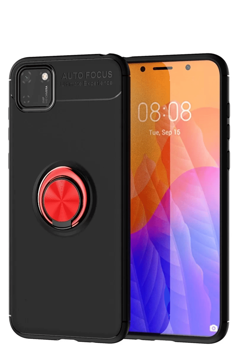 Huawei Y5P Kılıf Range Yüzüklü Silikon - Siyah-Kırmızı