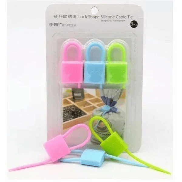 Kilit Şeklinde Silikon Kablo ve Poşet Bağlama Aparatı (3lü Set)