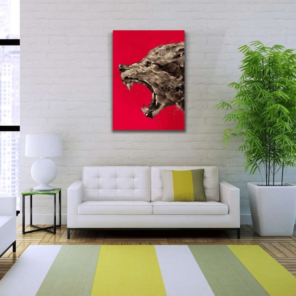 Kızgın Kurt , Kırmızı ve Gri Tonlarda Kanvas Tablo 50 x 70