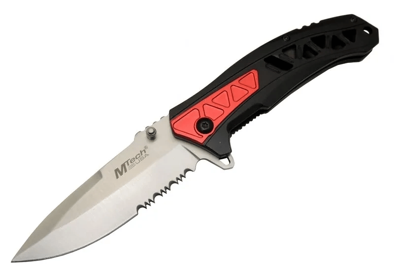 Mtech 4192 Kırmızı Kamp Çakı 21cm - Yarı Otomatik, Kemerlikli, Testere Detaylı, Desenli Sap