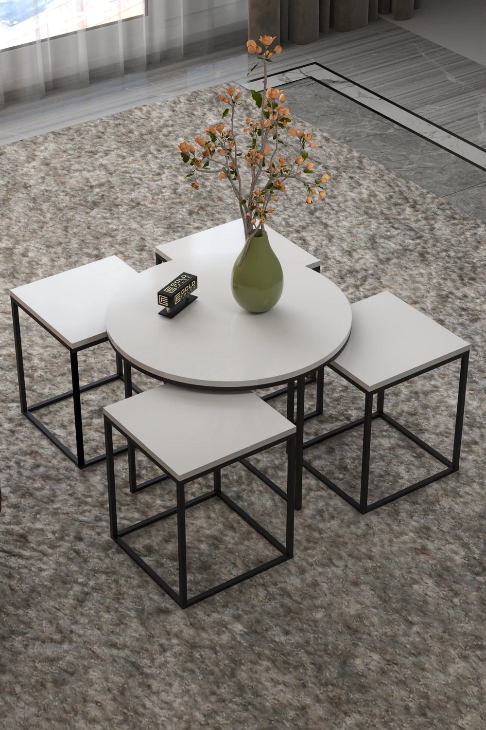 Orta Sehpa Ve Zigon Sehpa Oval Lüx 5Li Set Beyaz
